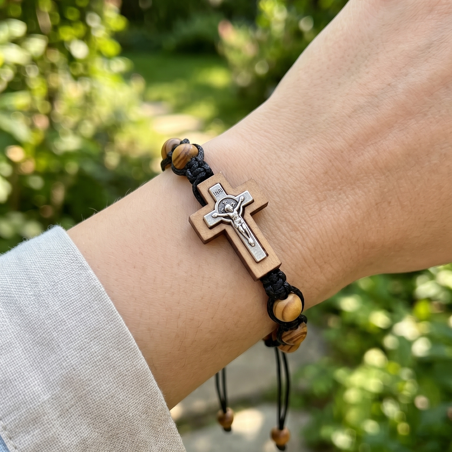 Bracelet with a cross charm on a wrist against a blurred green outdoor background