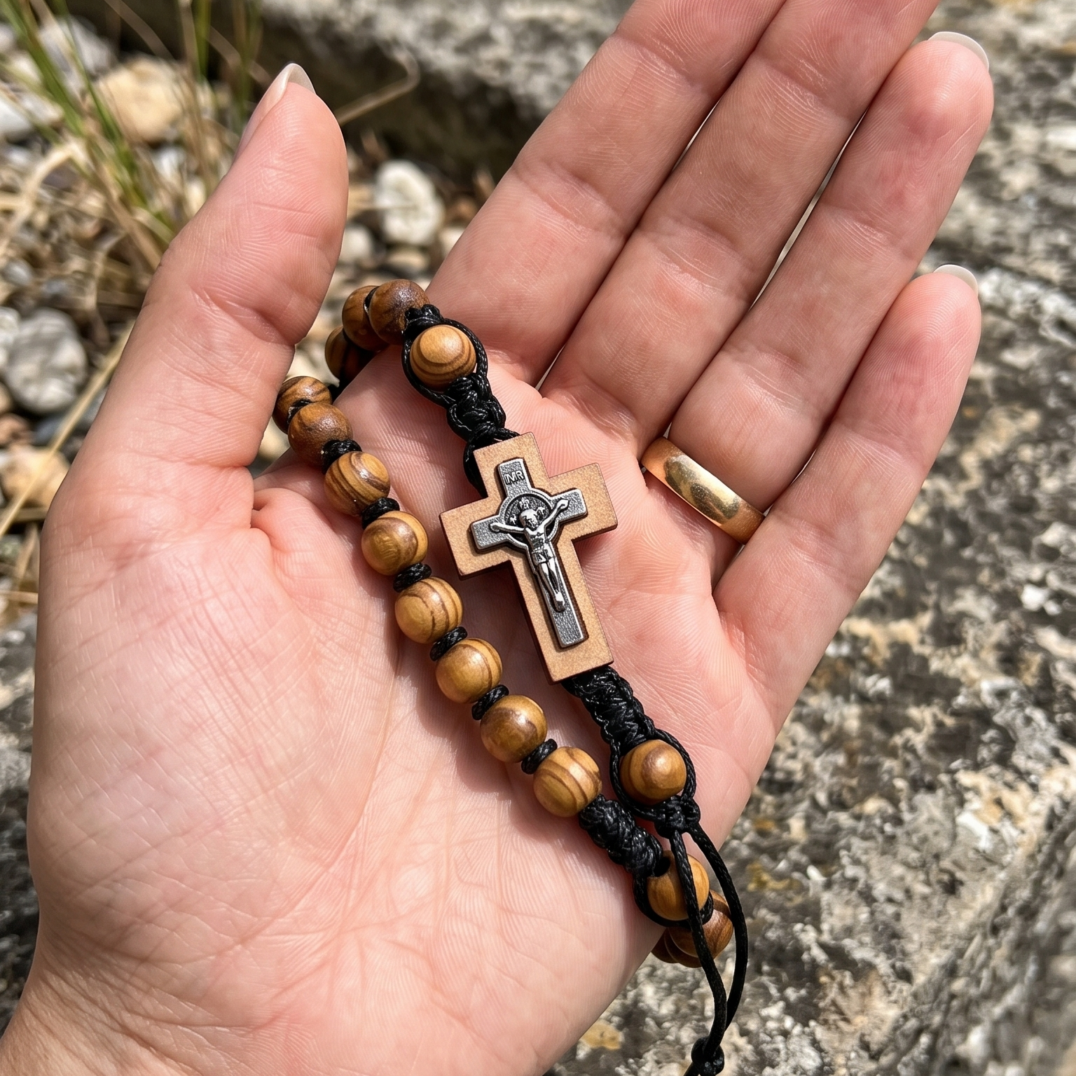 Hand holding a rosary with a cross pendant against a stone wall background